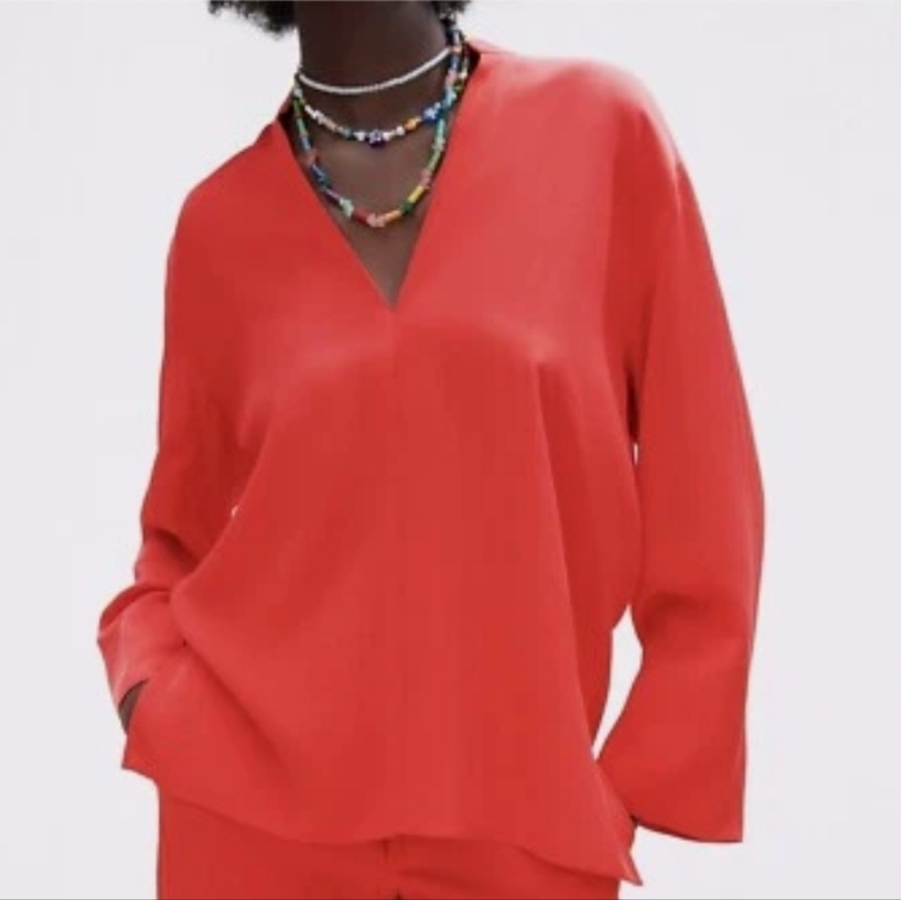 ZARA Red Lyocell Blend V Neck Long Sleeve Blouse